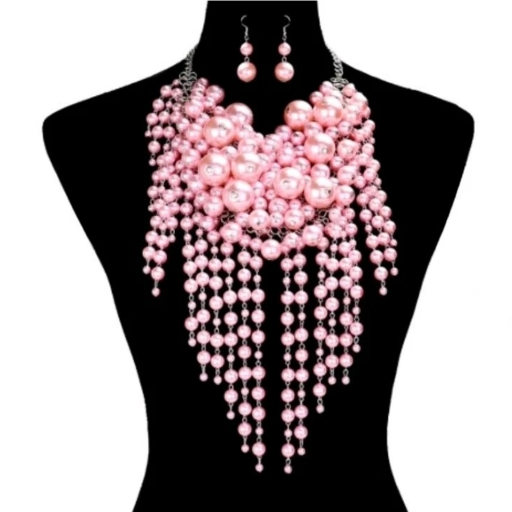 Faux Pearl Pink Multilayer Cluster Chunky Bib Fashion Necklace and Earring Set